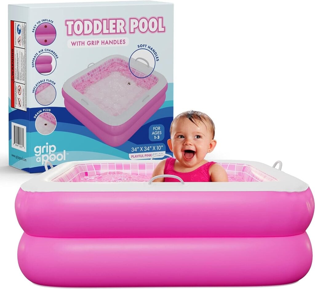 Inflatable Baby Pool with Blow Up Padded Floor, Grip Handle Bars and Drain